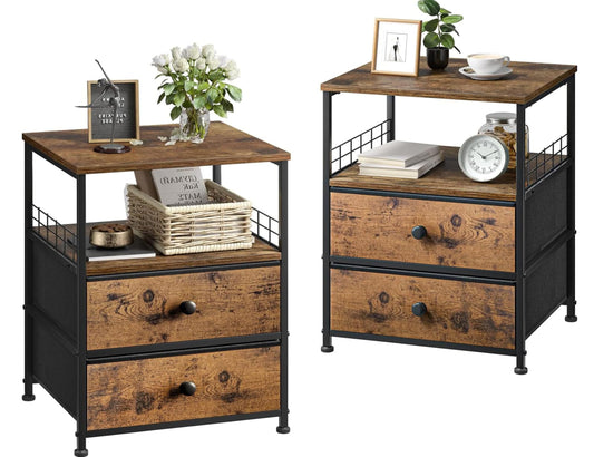 Nightstand Set of 2, 17.8"W Bedside Table with Fabric Drawers and Open Wood Shelf Storage, Safety Netting on 2 Sides of Bedside Table,Night Stand for Bedroom,Closet, Hallway, Dorm, Rustic Brown