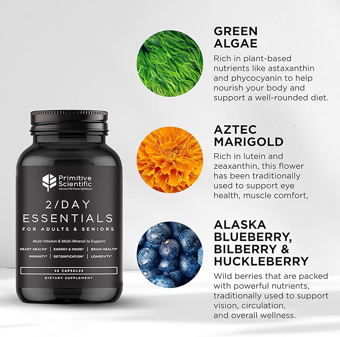 Whole Food Daily Essential Multivitamins for Adults and Seniors - 2X a Day - Vitamin A, C, D, E, B12 and Minerals - Natural and Holistic Support (60 Capsules)