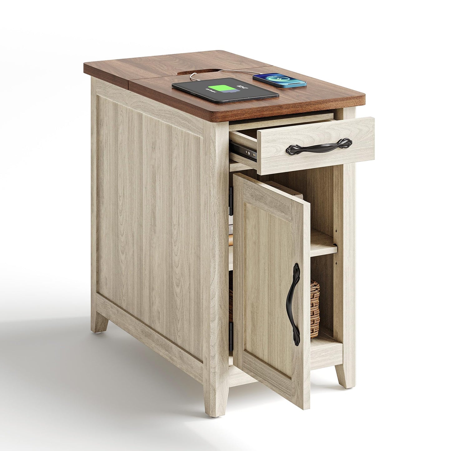 LINSY HOME Farmhouse End Table with Charging Station, Narrow Side Table for Living Room, Sofa Side Table with Drawer and Storage Cabinet, Small Nightstand for Home Office