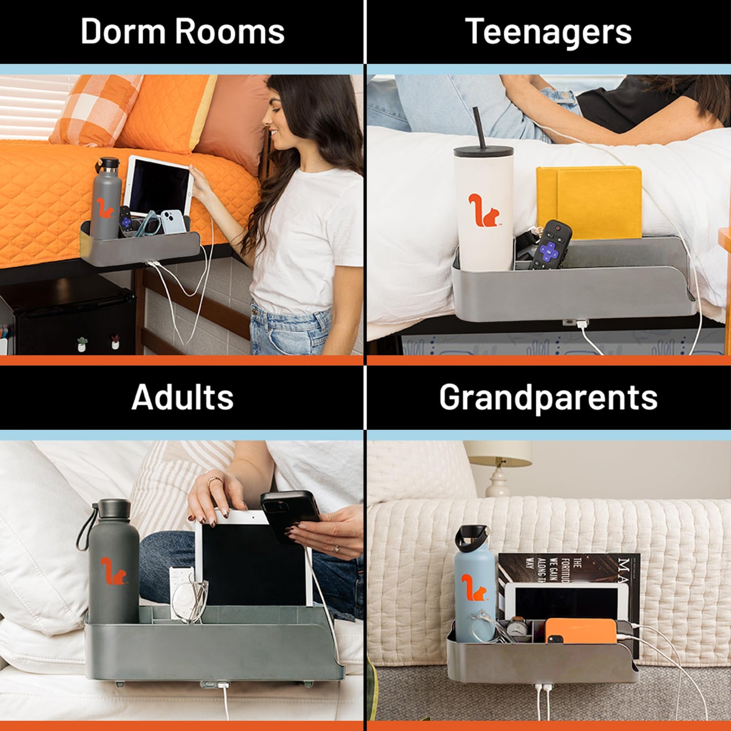 Squirrel Gray Bedside Perch – Perfect dorm gift & small space essential! USB-C & A charging, cup holder fits Hydro Flask, YETI, S'well. Organizes phone, iPad & more on lofted beds, couch, etc.