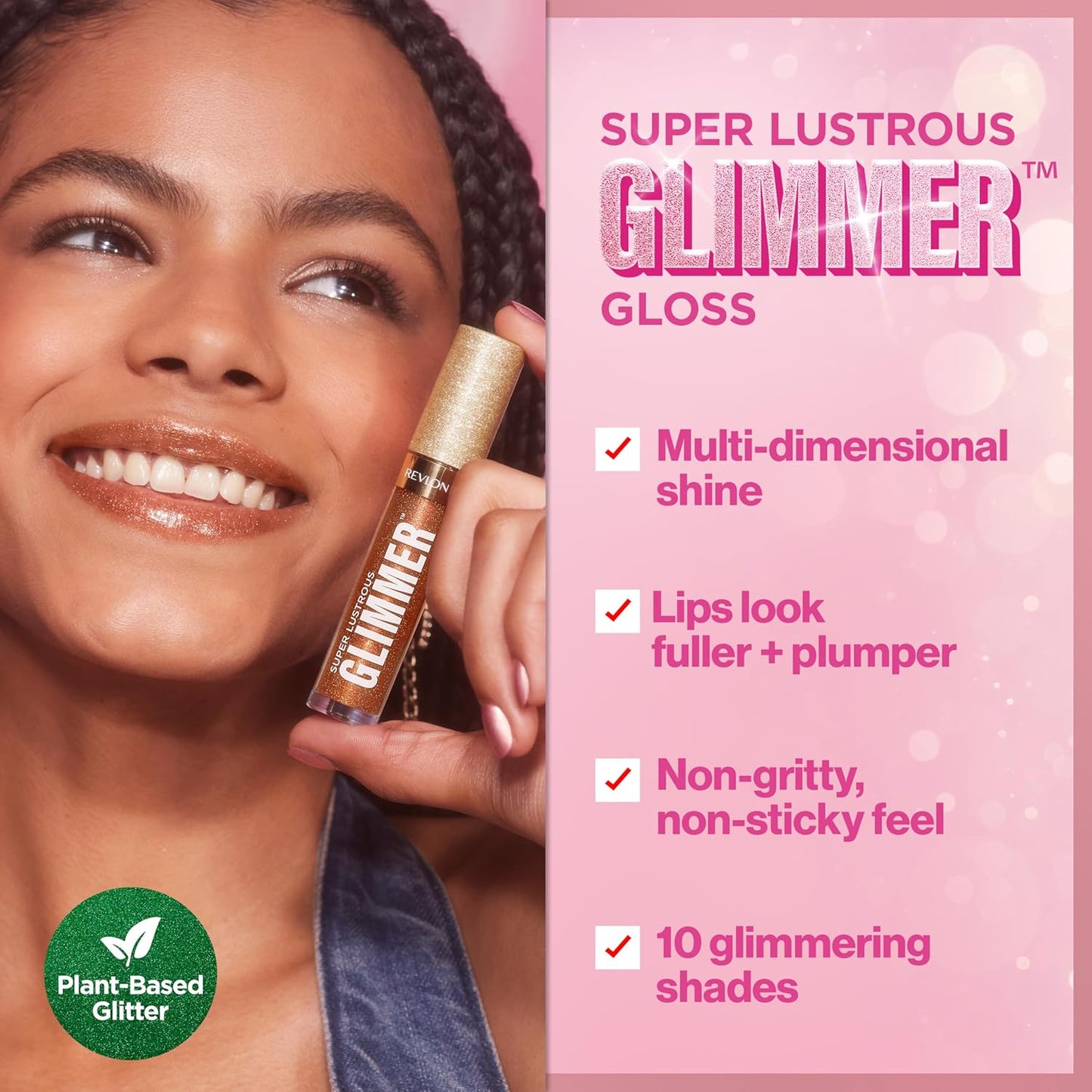 REVLON Super Lustrous Glimmer Gloss, Non-Sticky Lip Gloss, High-Shine Finish, Plant-Based Glitter, 007 Haute Honey, 0.13 fl oz