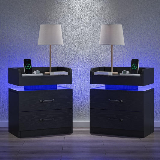 Nightstand with Charging Station, Night Stand with LED Lights, Modern Led End Table, Nightstands Set of 2, Night Stand with 2 Drawers, Bed Side Table with Storage for Living Room, Bedroom (2, Black)