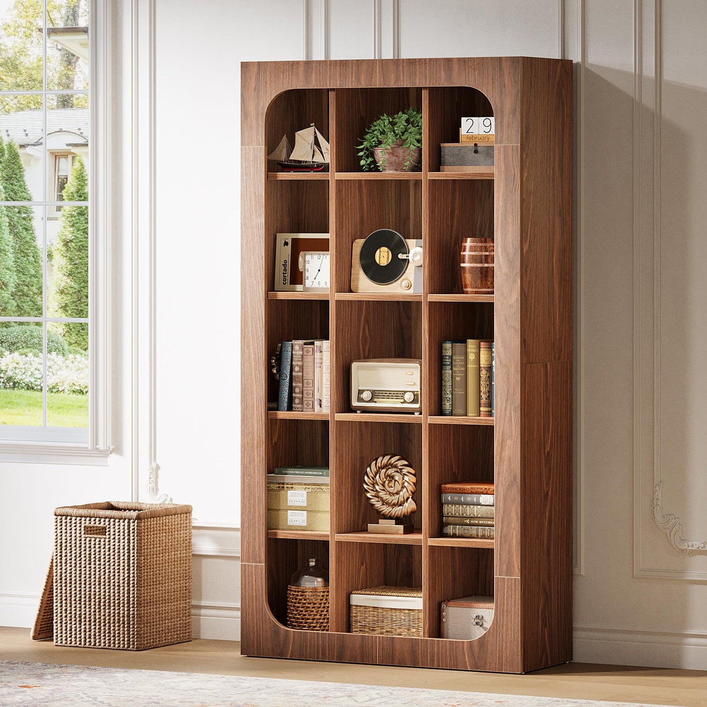 Tribesigns 70.8-Inch Tall Bookshelf, Rustic Cube Bookcase with 15 Open Shelves, Freestanding 5-Tier Display Shelf Wooden Storage Organizer for Living Room