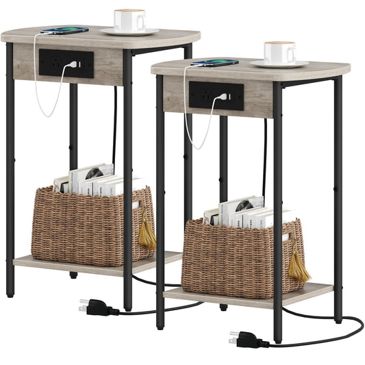 Hzuaneri End Tables with Charging Station, Narrow Side Tables Living Room, Nightstands Set of 2, Storage Bed Side Tables with USB Port & Outlet, Greige and Black ET14205B