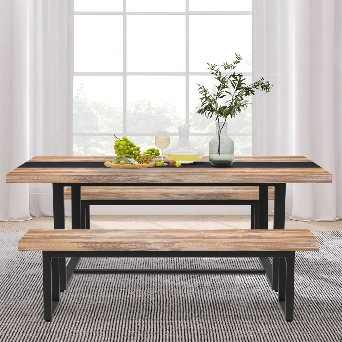 STHOUYN 59” Dining Bench Pair of 2 for 6-8 Person, Farmhouse Indoor Kitchen Table Benches, Bed Bench, Industrial Shoe Bench (Brown 2pcs)