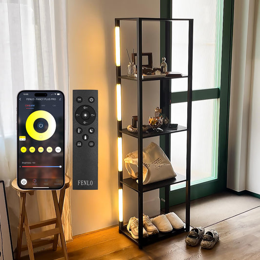 FENLO LED Floor Lamp with Shelves Fancy Pro, Dimmable Display Shelf Lamp with Color Temperature Control, App & Remote, Bright Long-Lasting Integrated LED