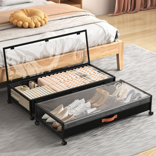 Under Bed Storage with Wheels, XXXL Larger Under Bed Storage Containers with Clear Lids, 36'' Lengthen Under Bed Shoe Organizer, Rolling for Shoes Clothes(Black 2 Pack, XXXL(36"x16.6"x7.48"))