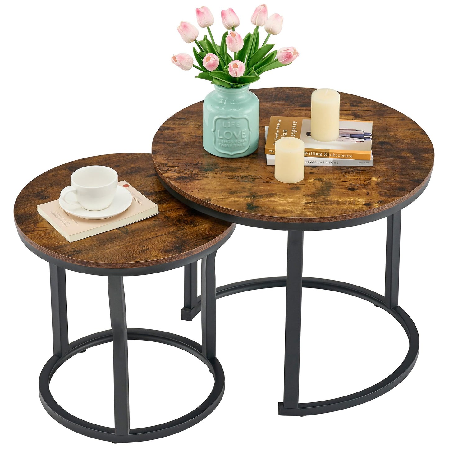 Hoctieon Nesting Coffee Tables, Round Nesting Tables Set of 2, End Tables, Stacking Nesting Tables for Living Room, Circle Coffee Tables, Side Tables Wooden Table Top, Rustic Brown