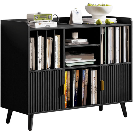 IRONCK Storage Shelf Bookcase, Bookshelf with Doors, Multifunctional Display Cabinet with Power Outlet, Suitable for Various Scenarios, Black