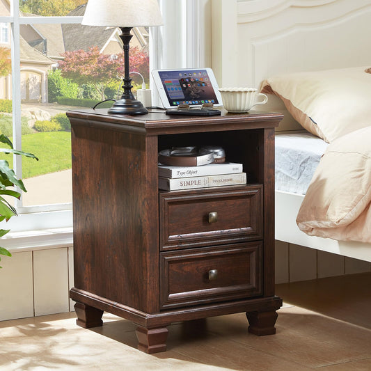 SAVOR LIFE Farmhouse Nightstand with Charging Station, Rustic Brown Nightstand,2 Drawers End Table for Living Room,Bedside Table with Open Shelf for Bed Room,Walnut