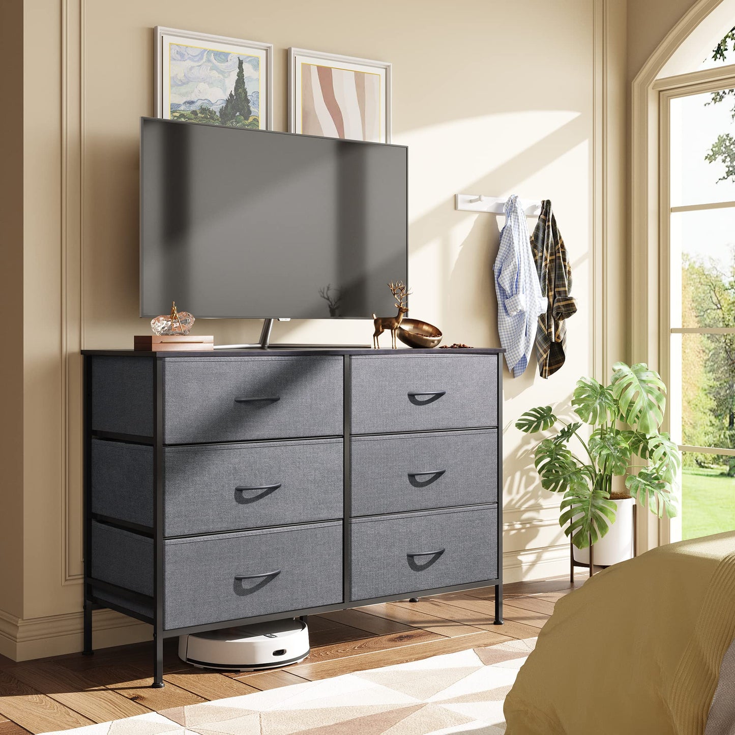 WLIVE Dresser for Bedroom with 6 Drawers, Wide Fabric Dresser TV Stand for 50 Inches TV with Metal Frame, Wooden Top, Fabric Storage Organizer for Livingroom, Hallway, Dark Gray
