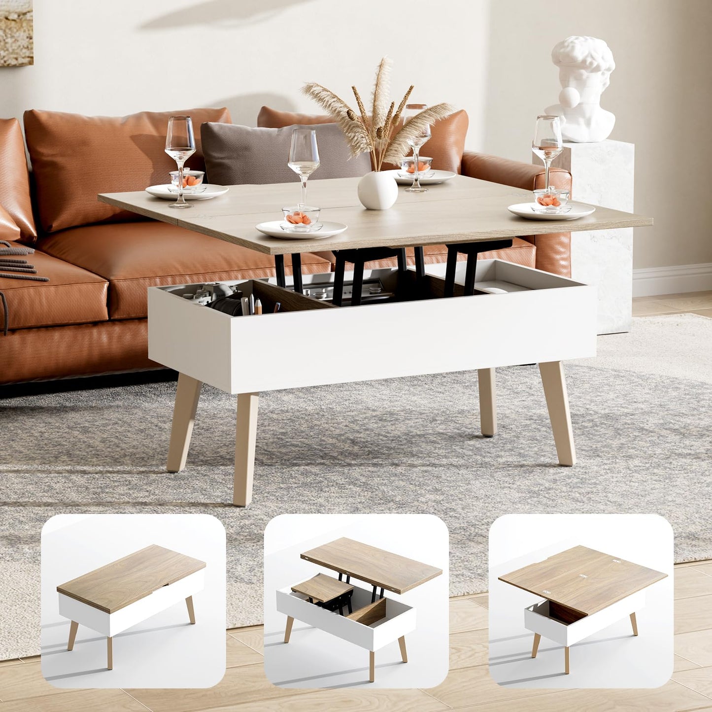 Bidiso 3 in 1 Lift Top Coffee Table, Ten Minutes Install Multifunction Coffee Table, Coffee Table Converts to Dining Table, Lift Top Dining Table Work Desk with Storage,Light Oak