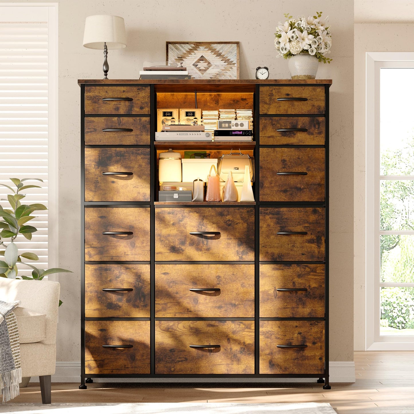 51"H Tall Dresser with 15 Drawers Dresser for Bedroom with Charging Station & LED Lights & Hutch Sturdy Fabric Bedroom Dressers, Steel Frame, Wood Top, Rustic Brown, 51.2"H x 39.3"W x 11.8"D