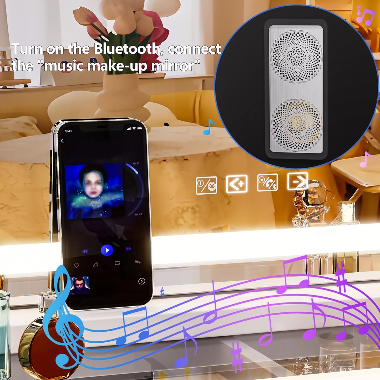 Hasipu Vanity Mirror with Lights and Bluetooth Speaker, 39.4" x 29.5" LED Makeup Mirror, Lighted Makeup Mirror with Dimmable 3 Modes, USB Charging Port, Round White