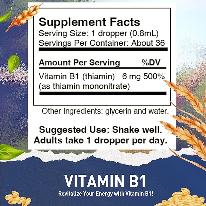 HoneyCombs Vitamin B1 Supplement (Thiamine) Liquid Drops - High Potency Thiamine B1 Supplement for Men & Women - Maintain Nervous System, Energy & Overall Health - Vegan Liquid B Vitamins (1 Fl oz)