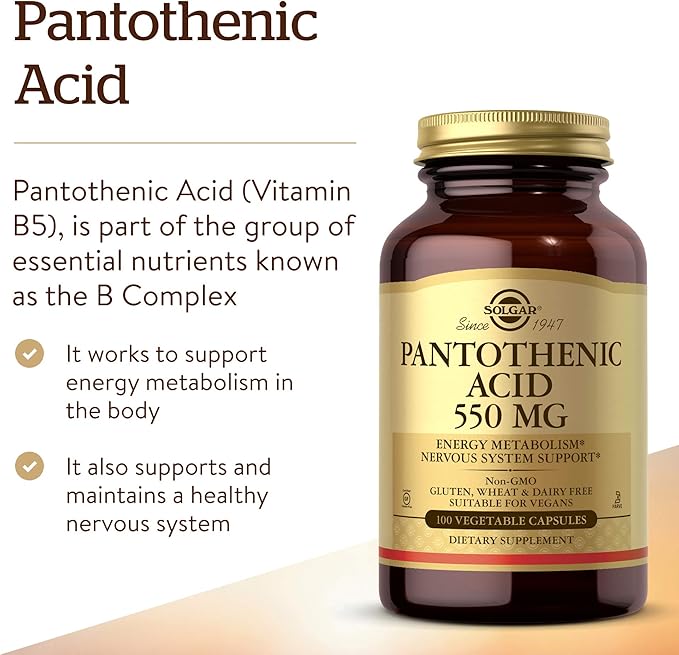 Solgar Pantothenic Acid 550 mg Vegetable Capsules Vitamin B5 Energy Metabolism Nervous System Support Gluten Free Dairy Free Kosher Servings, Standard Packaging, 100 Count