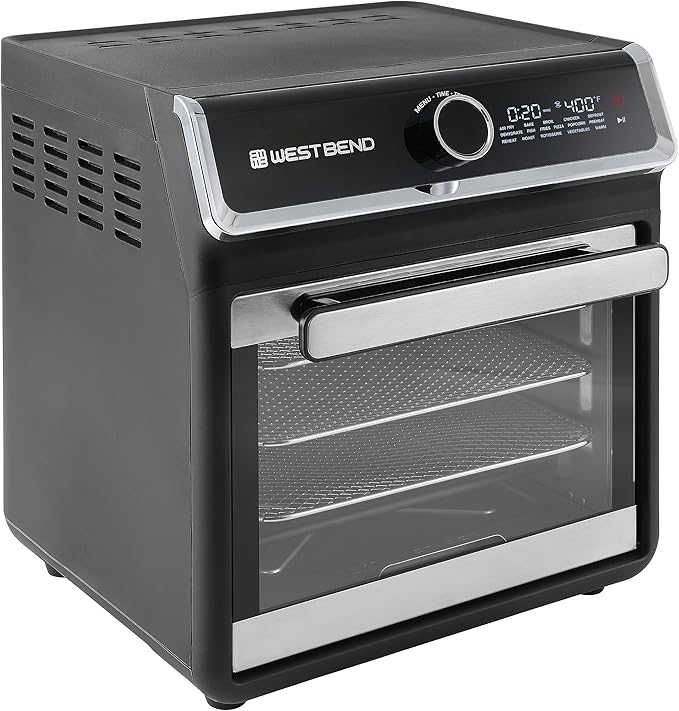 West Bend Air Fryer Oven 15-Quart Capacity with Digital Controls Easy-View Door and 16 Cooking Presets, Includes Eight Cooking Accessories, 1000-Watts, Black