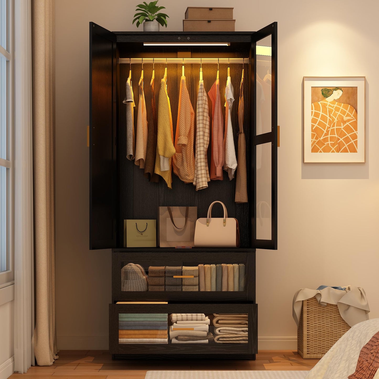 2 Doors Armoire Wardrobe Closet with LED and Mirror,71" H Freestanding Wooden Wardrobe Closet Cabinet for Bedroom w 2 Drawers,Wooden Clothing Storage Cabinet w Hanging Rod,Closets for Bedroom(Black)