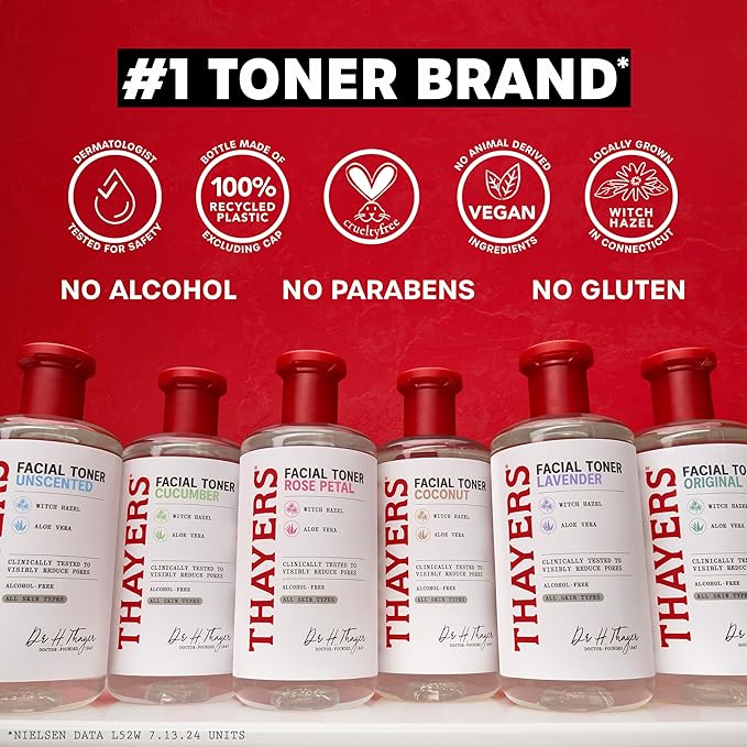THAYERS Alcohol-Free, Hydrating Cucumber Witch Hazel Facial Toner with Aloe Vera Formula, Vegan, Dermatologist Tested and Recommended, 12 Oz (Packaging May Vary)
