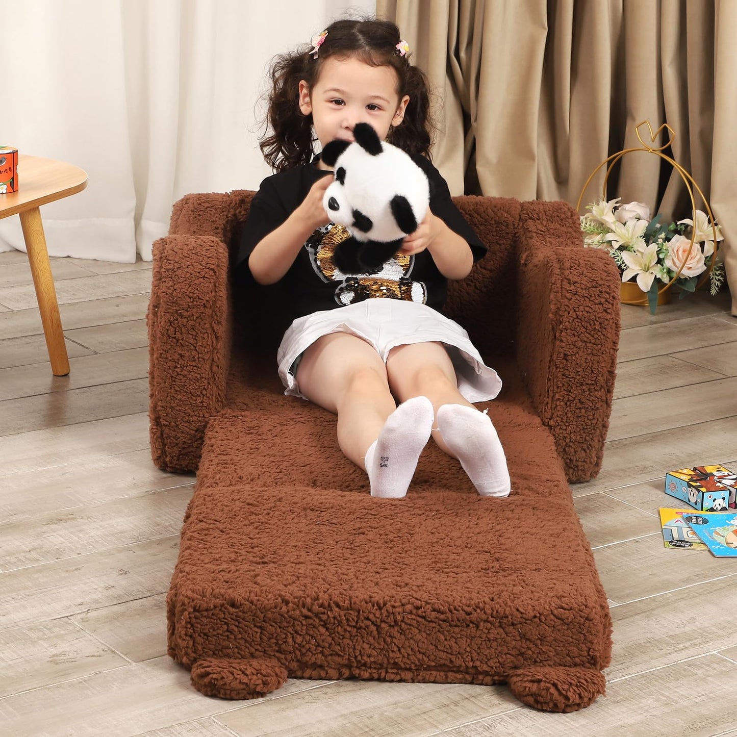 MOMCAYWEX Kids Chairs for Toddler, 2-in-1 Toddler Soft Sherpa Couch Fold Out, Convertible Sofa to Lounger for Girls and Boys, Teddy Bear, Brown