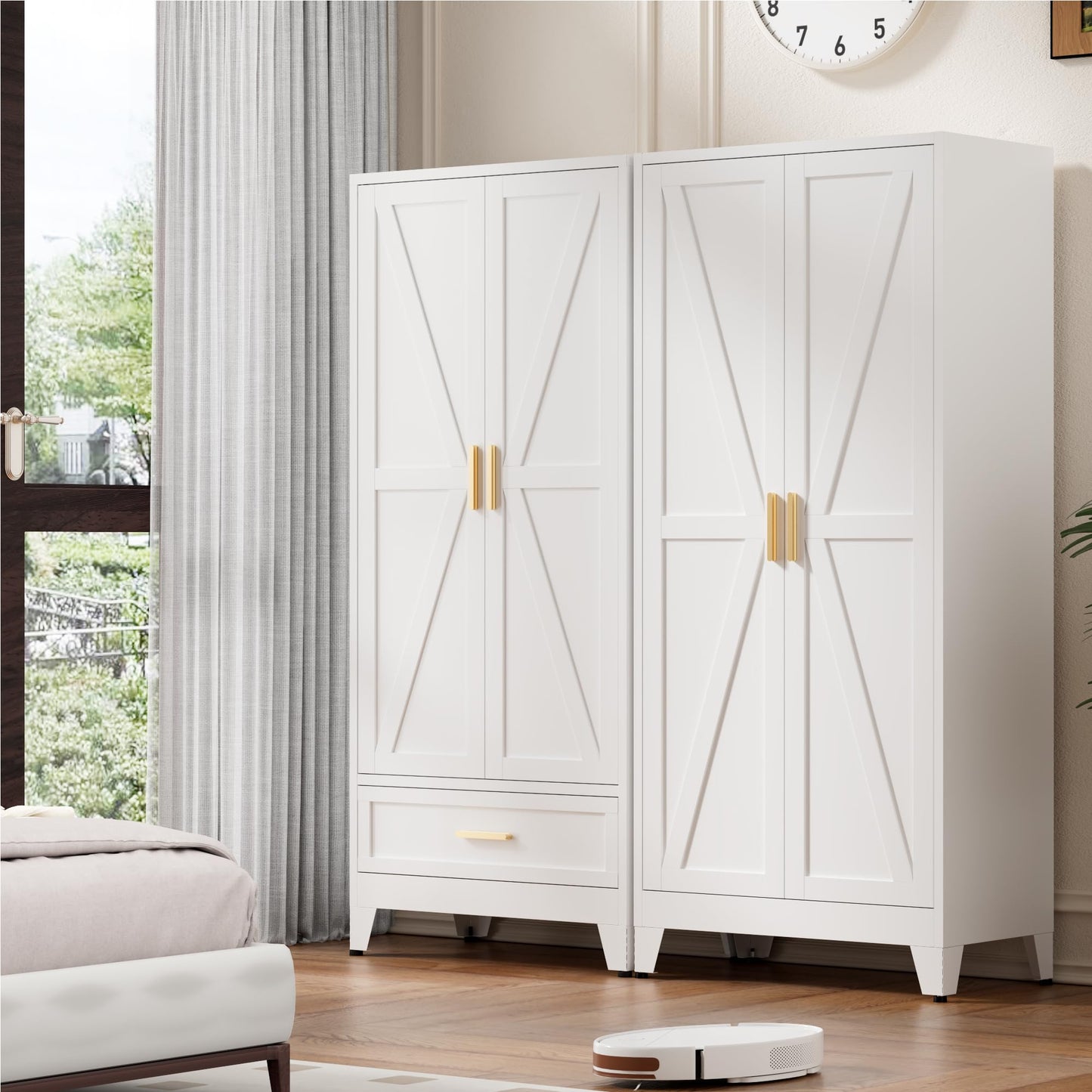 Washsemba 71'' Farmhouse Metal Wardrobe Cabinet with Hanging Rod, 2 Barn Door Wardrobe Closet with Adjustable Shelves,Drawer,for Dining Room,Bedroom,Living Room, Cloak Room,Office (White)