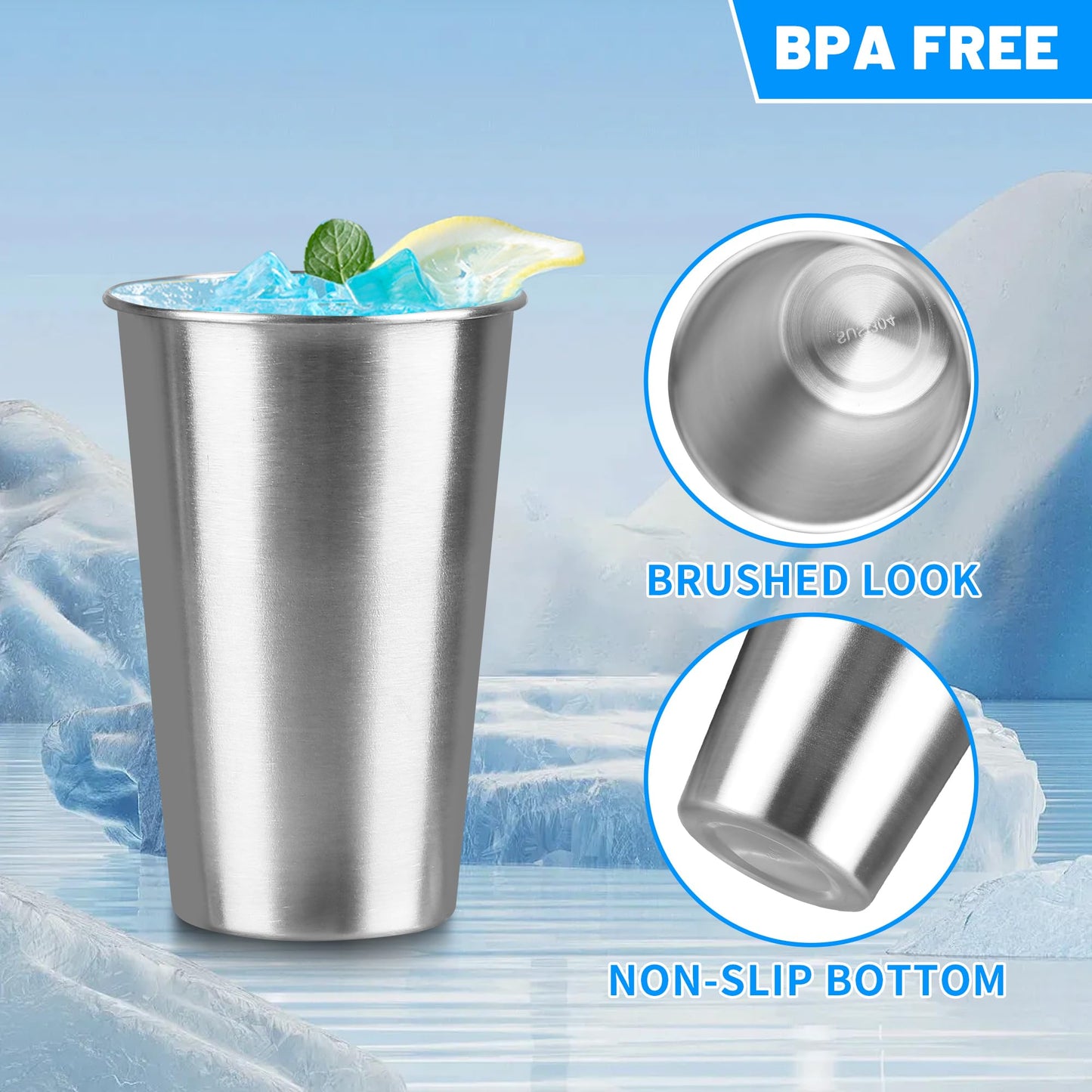 HAMILADUO 4Pack 16 oz Stainless Steel Pint Cups,Stainless Steel Cup,Pint Cup Tumbler，water Tumbler,Stackable,Reusable,BPA Free, (4)