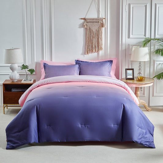 Grey Pink and Purple Gradient Comforter Set Twin Size 6 Pieces Elegant Ombre Bed in a Bag - Reversible All Season Bedding Set with Comforter, Flat Sheet, Fitted Sheet, Pillowcase & 2 Pillow Shams