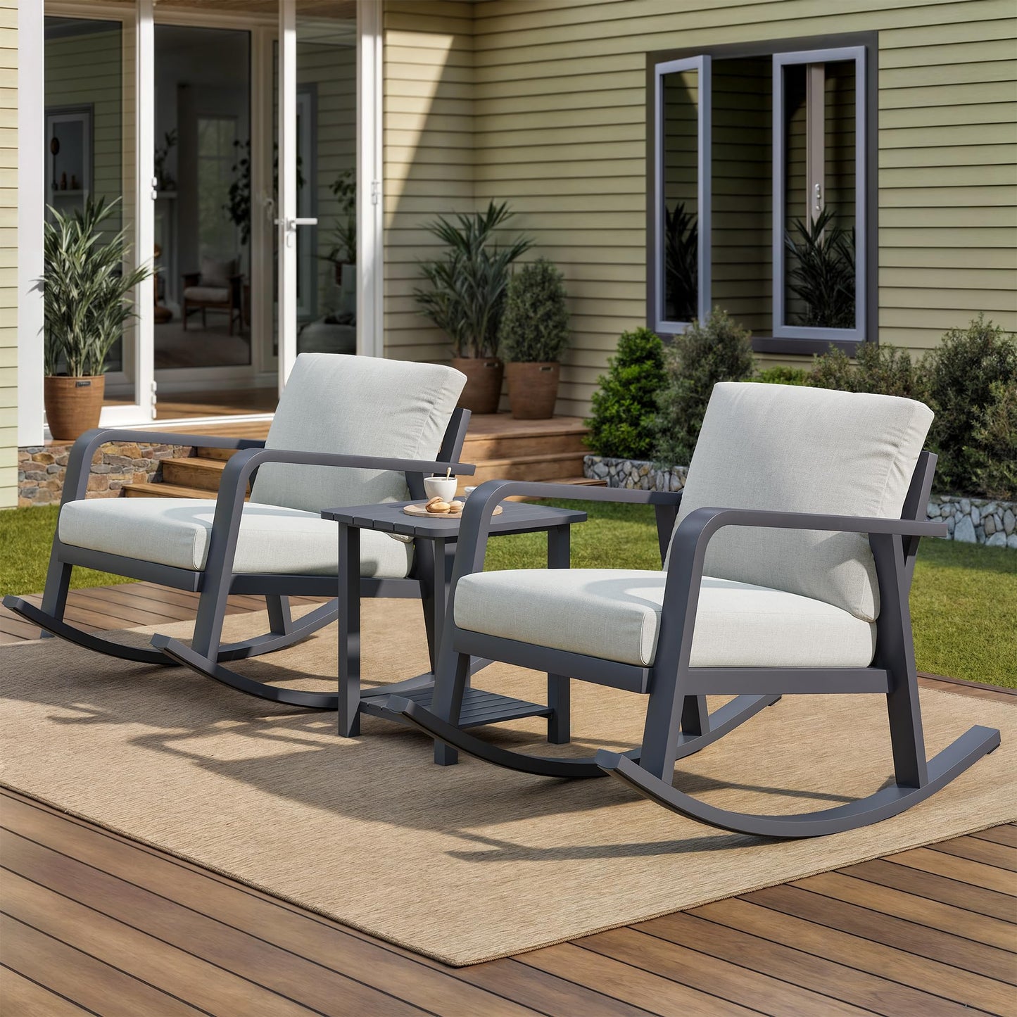 Trenlogne 3 Piece Outdoor Rocking Chairs, Patio Bistro Set with 2 Rockers and 1 Metal Coffee Table, Oversize Aluminum Conversation Set for Garden, Balcony, Backyard