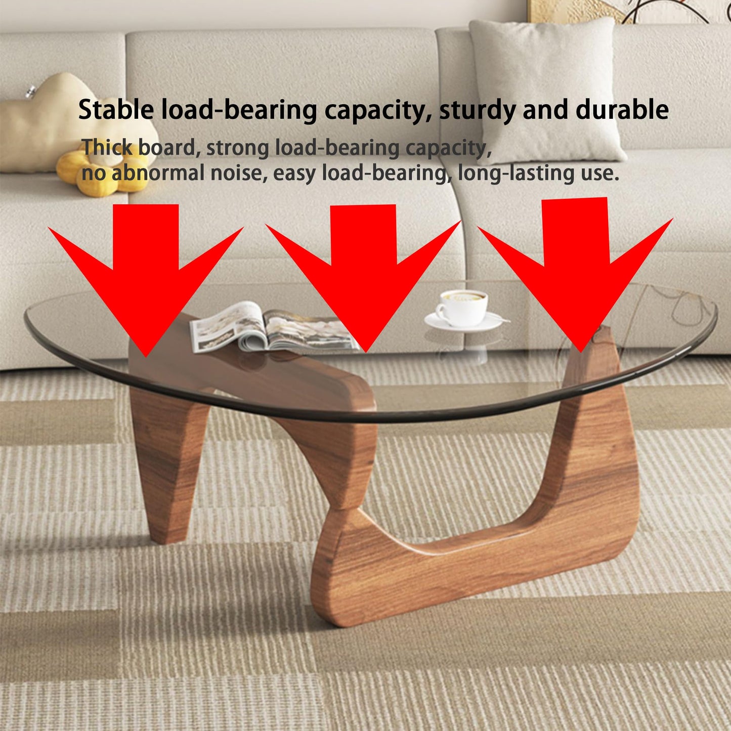 EASYSOUL Modern Glass Coffee Table, 44.88" D x 32.28" W x 15.75" H, Abstract Round Tea Tables for Living Room Home Office Industrial Cocktail Tables (Walnut-Clear Glass, 44.88")