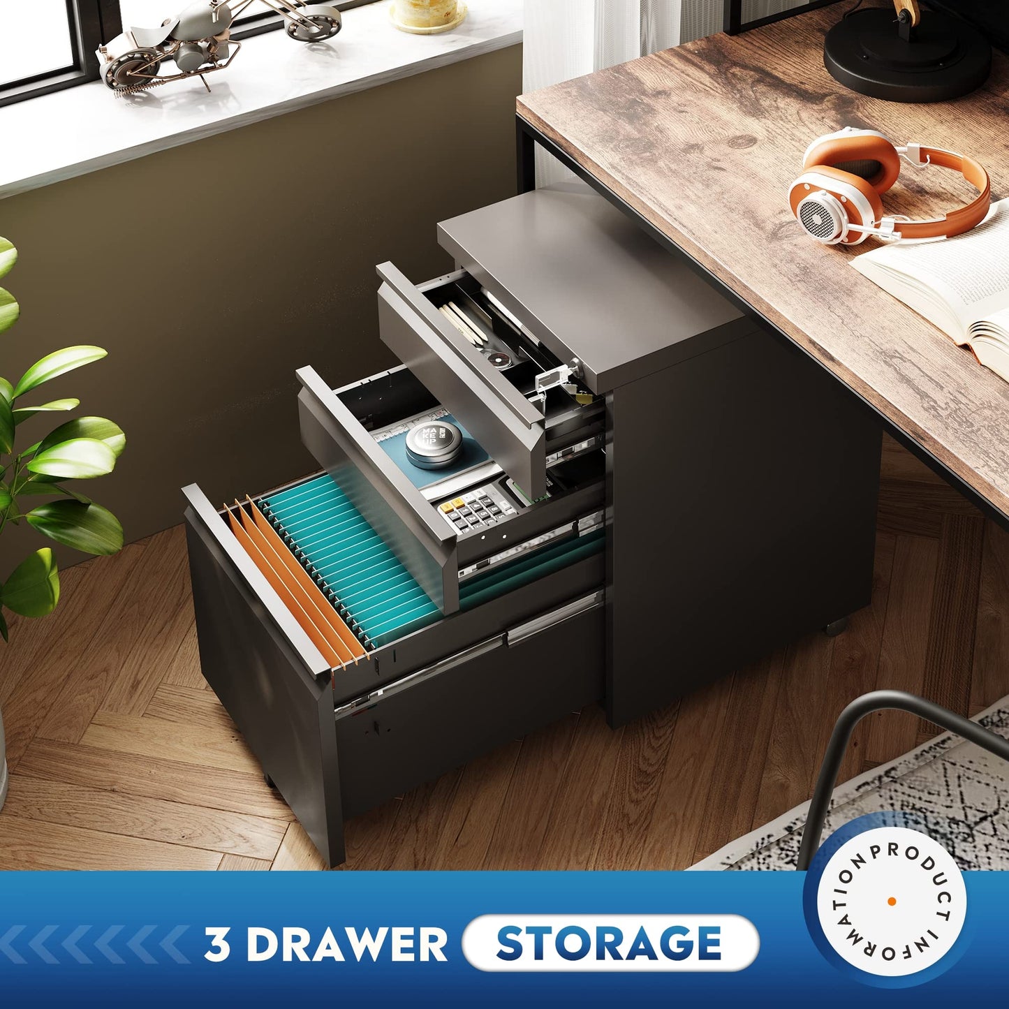 DEVAISE 3 Drawer Mobile File Cabinet with Lock, Under Desk Metal Filing Cabinet for Home Office/Legal/Letter/A4 File, Fully Assembled Except Wheels, Black