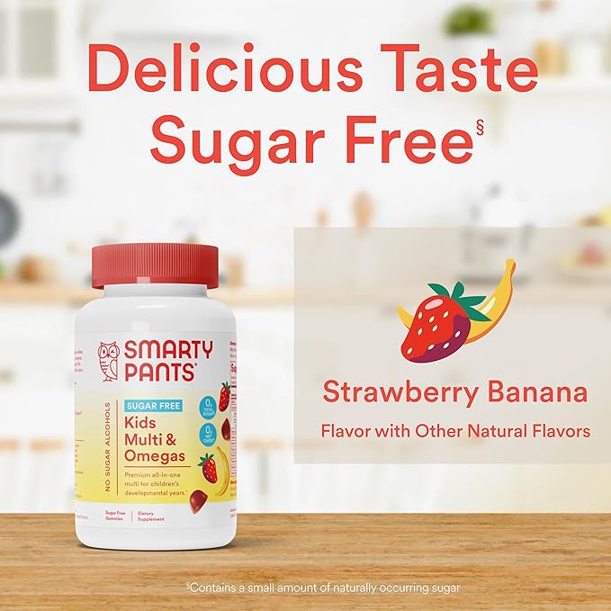 SmartyPants Kids Multivitamin Gummies, Sugar Free: Omega 3 (ALA), Vitamin D3, C, Vitamin B12, B6, A, K & Zinc for Immune Support, Biotin, Erythritol Free, Strawberry Banana, 44 Count (22 Day Supply)