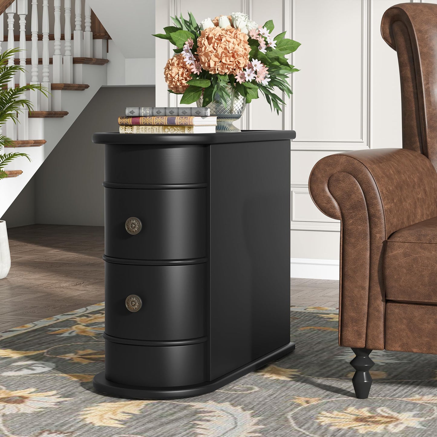 Tribesigns Wood End Table Set of 2, Narrow Solid Side Table 2-Drawer Slim Chair Side Table, No Assembly Required, Finished Back, Black