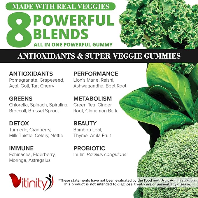 Made with Real Fruit and Real Veggie Gummies - Superfood Vegetable Vitamin Supplement for Women,Men & Kids - with a Blend of Fruit and Greens for Daily Health (60-Day Supply)