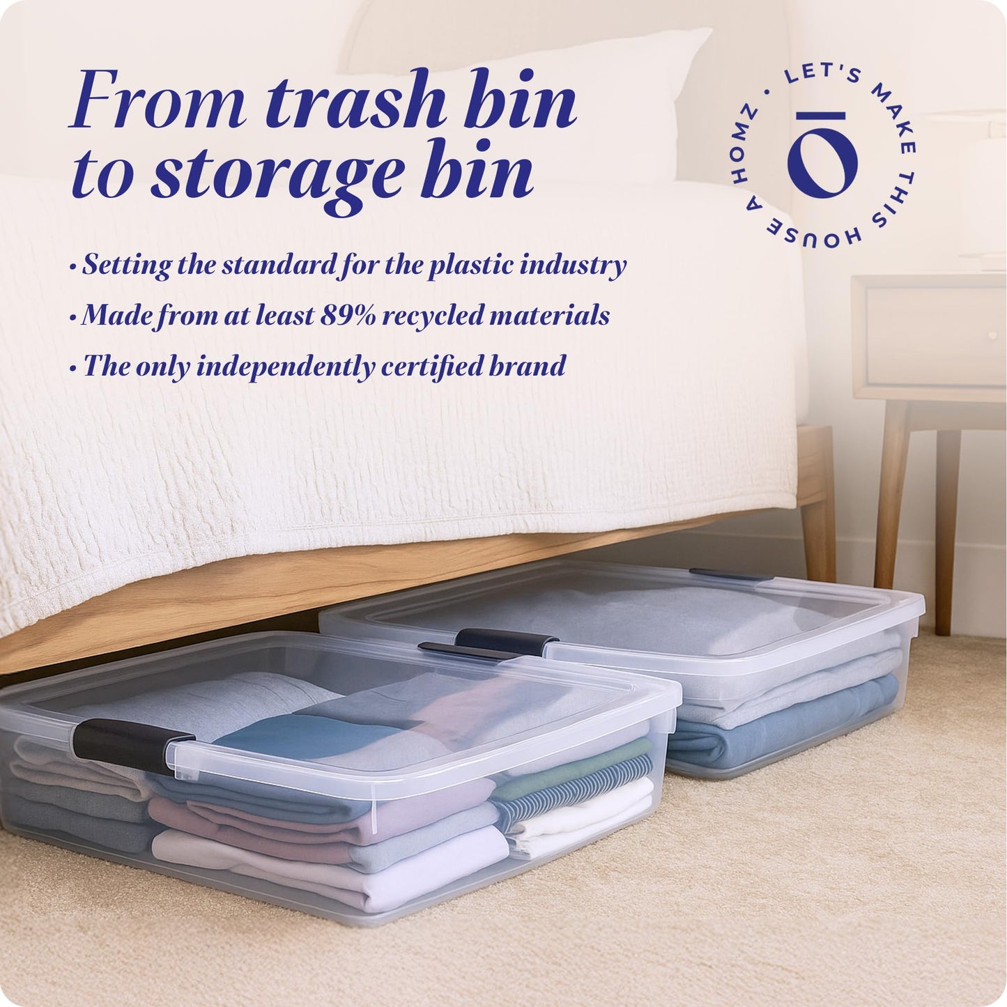 HOMZ 2-Pack Under Bed Storage, Clear Plastic Containers with Lids, 56 Quart, Gray Latch - Stackable Underbed Organizer Bins for Shoes, Bags, Clothes, and Towels