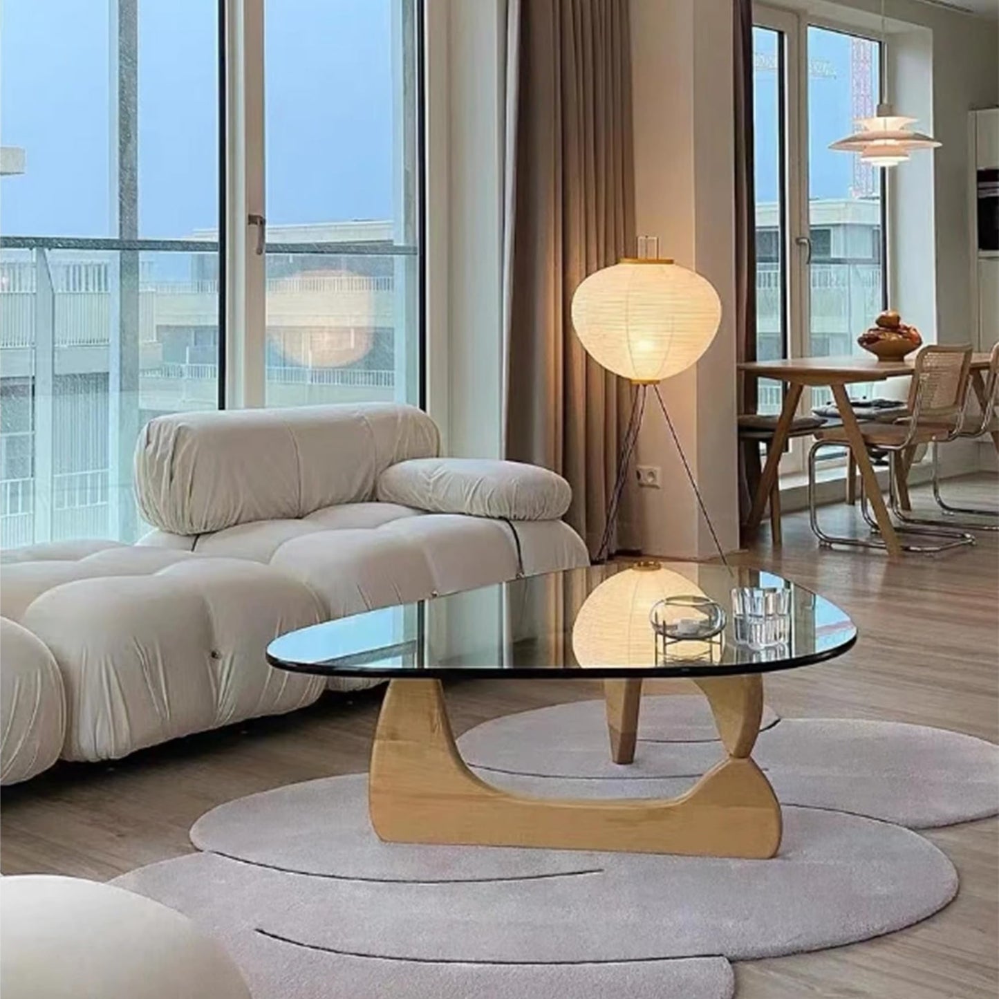 EASYSOUL Modern Glass Coffee Table, 32.68W x 22.44L x 15.75H in, Abstract Round Tea Tables for Living Room Home Office Industrial Cocktail Tables (Log-Clear Glass, 44.88")