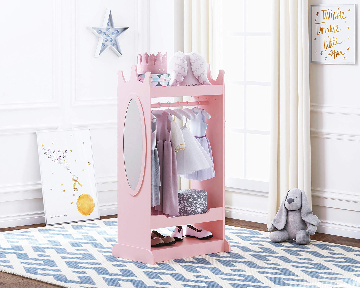 UTEX Kids Dress up Storage with Mirror,Costume Wardrobe for Kids, Open Hanging Armoire Closet,Pretend Storage Closet, Costume Storage Dresser (Pink)