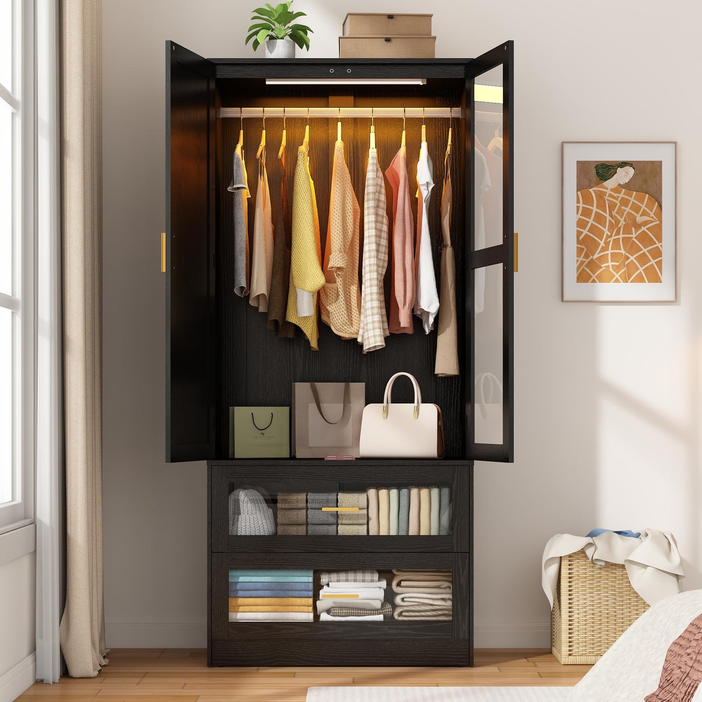 2 Doors Armoire Wardrobe Closet with LED and Mirror,71" H Freestanding Wooden Wardrobe Closet Cabinet for Bedroom w 2 Drawers,Wooden Clothing Storage Cabinet w Hanging Rod,Closets for Bedroom(Black)