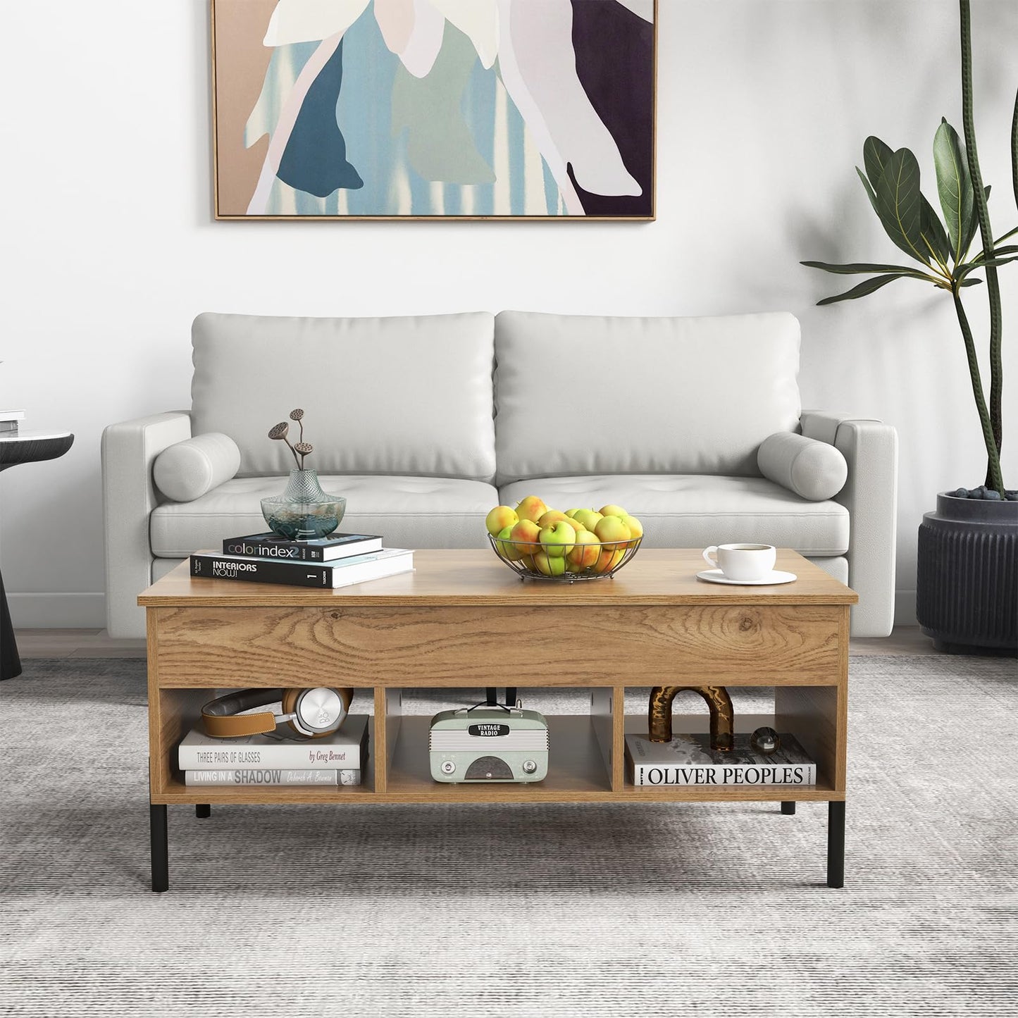 Giantex Lift Top Coffee Table - Rectangular Wooden Table w/Hidden Compartment & Open Storage Shelves, Multifunctional Modern Flip Top Center Table for Living Room, Reception Room, Office (Natural)