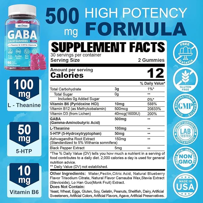 2Pack GABA Gummies 500 mg+ 2Pack Vegan Vitamin D3 5000IU K2 Gummies, Whole Food Blend, Coconut Oil, Magnesium, Zinc