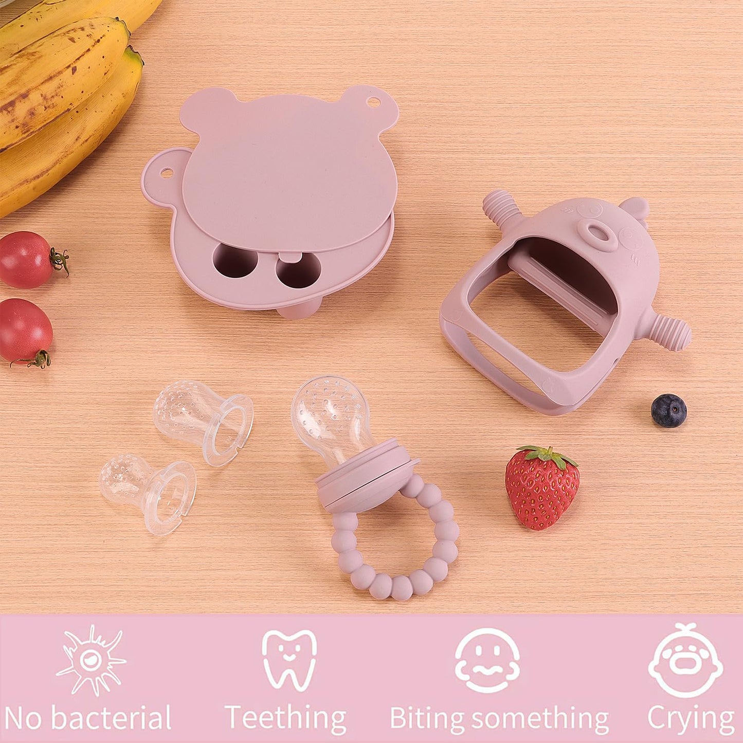 Baby Fruit Feeder Pacifier - 3 Pack | 1 Baby Food Feeder & 1 Baby Teether & 1 Baby Popsicle Molds | Breastmilk Popsicle molds | Baby Teething Toys | Baby Fruit Food Feeder Pacifier Babies (Blush)