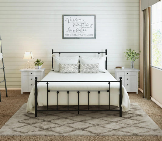 Golden Gate Beds Victorian Style Metal Platform Bed Frame with Antique Wrought Iron-Art Headboard and Footboard, Classic Cama Steel Mattress Foundation, No Box Spring Needed, Queen Size, Black Finish