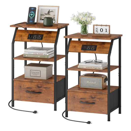 JAXPETY Nightstands Set of 2, Night Stand with Drawer Shelf and Charging Station, Storage End Table, Bedside Table for Bedroom Living Room Sofa, Rustic Brown