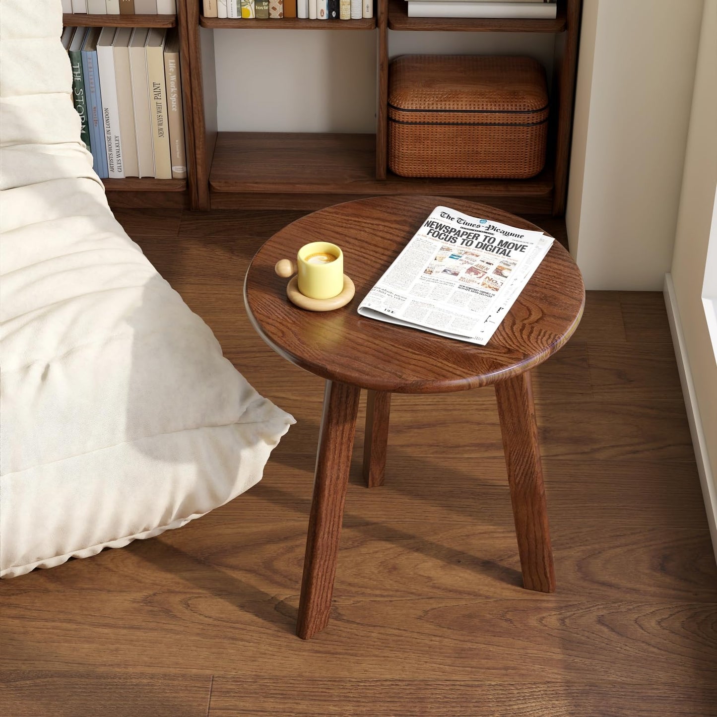 Vadisun 100% Solid Oak Round Side Table, Small Bedside Table for Small Spaces, Living Room End Table with Stable Frame, Modern Nightstand for Bedroom Couch, (Walnut, 17.71" D x 19.68" H)