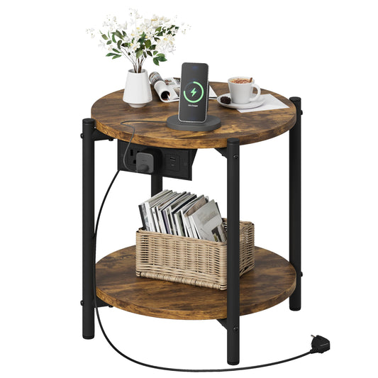 LIKIMIO Side Table with Charging Station, 2-Tier Round End Table with Lower Shelf, 15.8" W Modern Wooden Nightstand for Small Spaces, Living Room, Bedroom, Rustic Brown