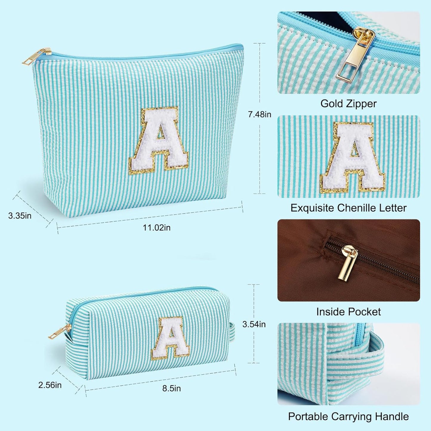YOOLIFE Makeup Bag for Girls Teen Girl, 2 Pieces Monogram Make Up Bag | Makeup Pouch | Beauty Bag Personalized Friend Sister Wife Wedding Bride Stocking Stuffers for Girls Teen Daughter Sister S
