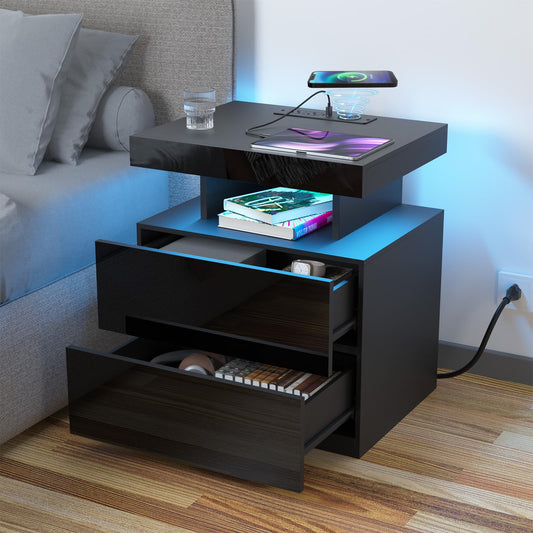 HOMMPA LED Nightstand with Wireless Charging Station & USB Ports, Modern Bedside Table, Black Night Stand with Open Compartment, Smart Nightstand High Gloss Surface for Bedroom