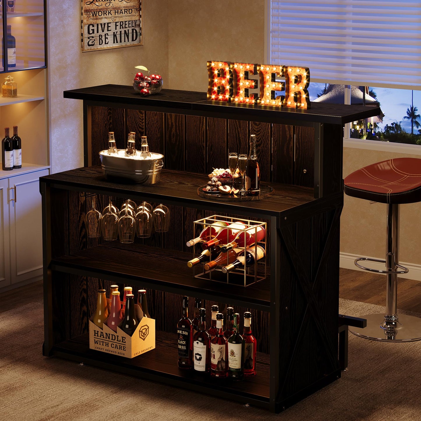 Tribesigns Home Bar Unit, 4-Tier Black Bar Table Height Pub Table with Footrest, 55-Inch Modern Wine Bar Cabinet for Home Pub, Bistro