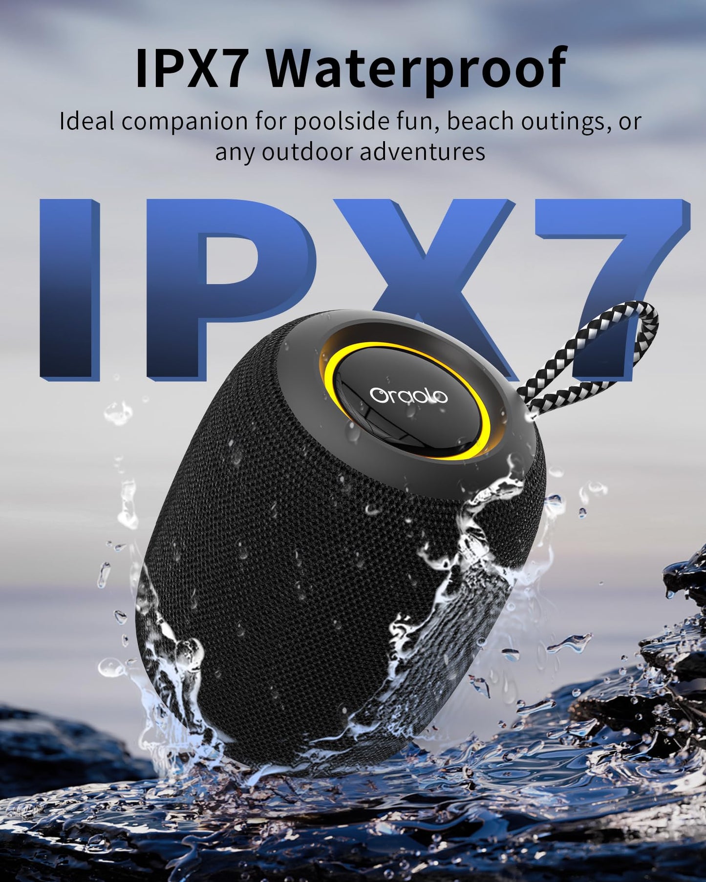 Oraolo Bluetooth Speaker, IPX7 Waterproof Portable Bluetooth Speaker with 15W Immersive Audio, 30H Playtime, LED Light, Bluetooth 5.3, Support TWS, Wireless Speakers for Outdoor Camping Home