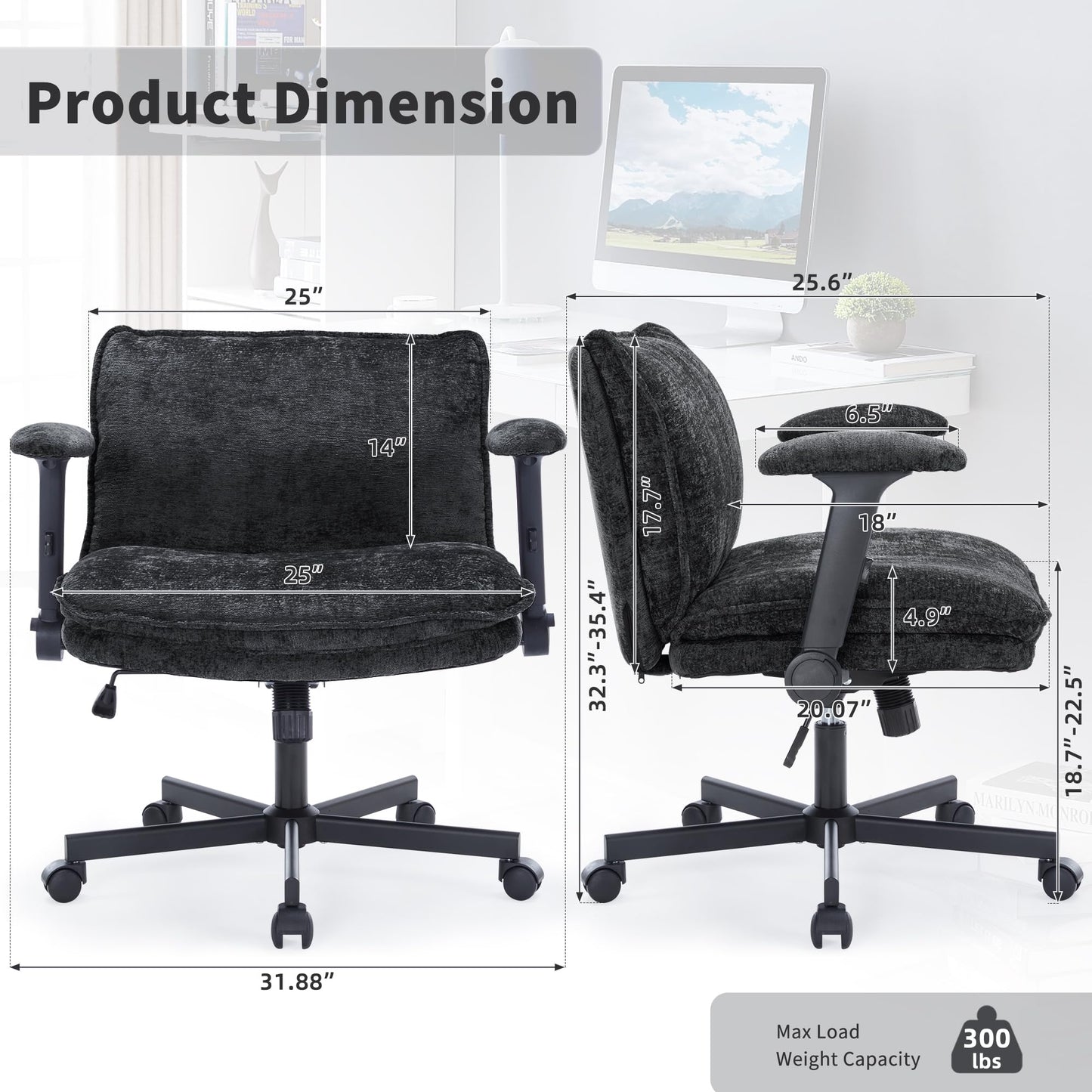 FanciSpot Cross Legged Office Chair with Wheels and Adjustable Flip-Arms, Criss Cross Desk Chair with Thick Cushion, Wide Seat Office Chair for Home Office, Apartment, Bedroom, Black