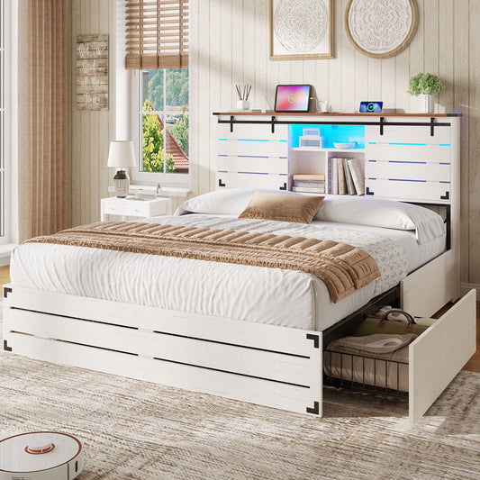 VIAGDO Wooden Bed Frame Full Size with Bookcase Headboard and Sliding Barn Door, Farmhouse Bed Frame Full Size with Charging Station, LED Lights and 4 Storage Drawers, No Box Spring Needed, White